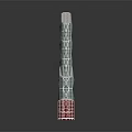 Modern High Rise Tower With Blue Grid Exterior Red Base And Geometric Design