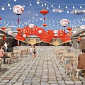 Traditional Commercial Street With Stone Paved Pathway Outdoor Tables Red Lanterns And String Lights