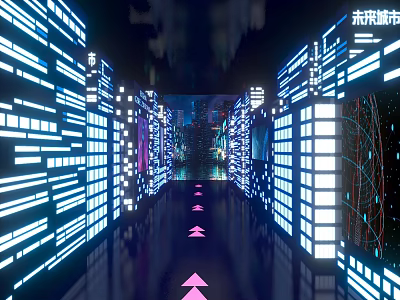 Futuristic City Scene With Illuminated Buildings Digital Screens And Path Arrows 3d model