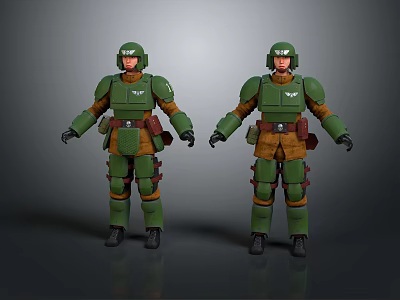 Two Green Armored Military Characters Standing In Detailed Combat Gear Outfits 3d model