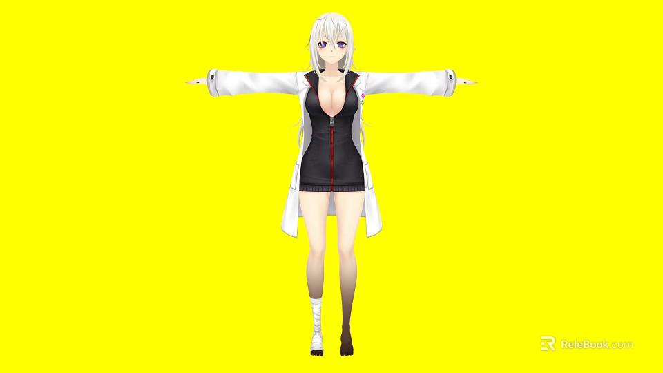 Woman with long white hair in black dress and white coat arms outstretched on yellow background 3d model 