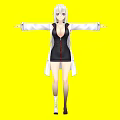 Woman with long white hair in black dress and white coat arms outstretched on yellow background