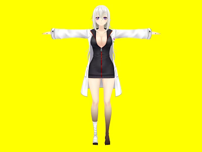 Woman with long white hair in black dress and white coat arms outstretched on yellow background 3d model