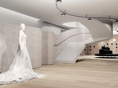 Modern Bridal Shop Interior Featuring Wedding Dress Mannequin And Staircase 3d model