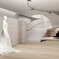 Modern Bridal Shop Interior Featuring Wedding Dress Mannequin And Staircase