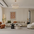 Modern Living and Dining Room Interior With Wall TV Round Sofa Plants And Chandelier
