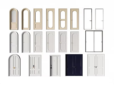 Multiple Styles of Hinged Doors Including Arched Top Rectangular and Glass Panel Designs 3d model