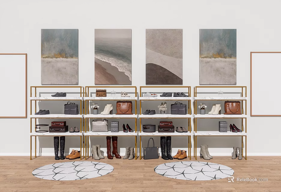 Various Shoes Displayed on Golden Metal Shelves With Coastal Wall Art and Round Rugs 3d model 