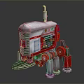 Red And White Mechanical Robot Structure With Tracked Wheels And Top Exhaust Pipe