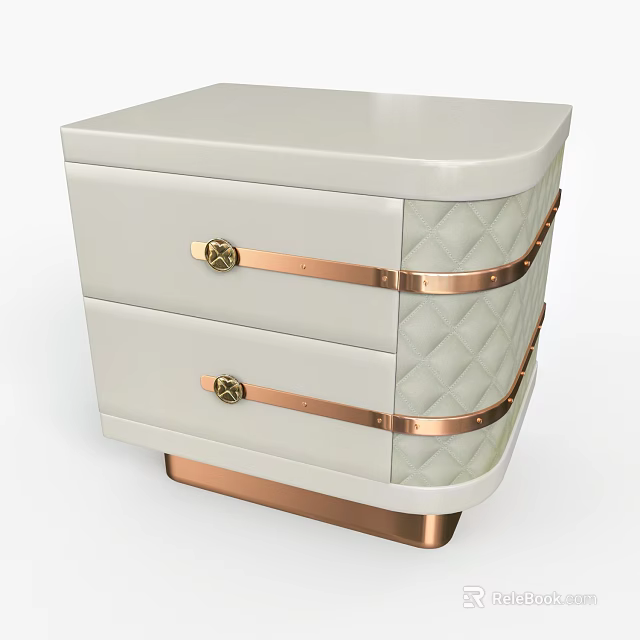 White Bedside Table With Two Drawers Copper Straps Quilted Side And Copper Base 3d model 