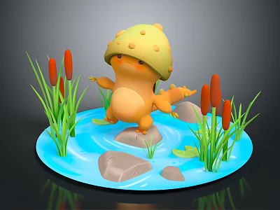 Cute Small Yellow Creature Wearing Mushroom Hat By Water Stones And Reeds 3d model