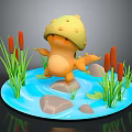 Cute Small Yellow Creature Wearing Mushroom Hat By Water Stones And Reeds