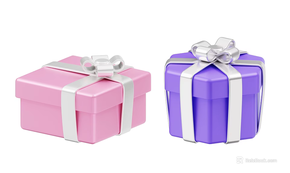 Decorative Ornament Set Featuring Two Gift Boxes Pink Purple with Silver Ribbons and Bows 3d model 