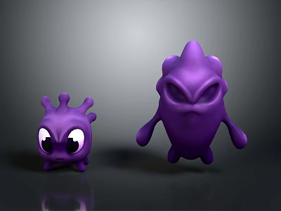 Two Purple Creature Characters With Big Eyes Small And Large Bodies Featuring Tentacles And Limbs 3d model
