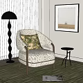 Beige Single Sofa With Wave Pattern Green Cushion Black Floor Lamp Side Table And Green Rug