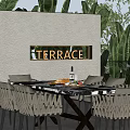 Outdoor Terrace Dining Table Set With Woven Chairs And Green Plants