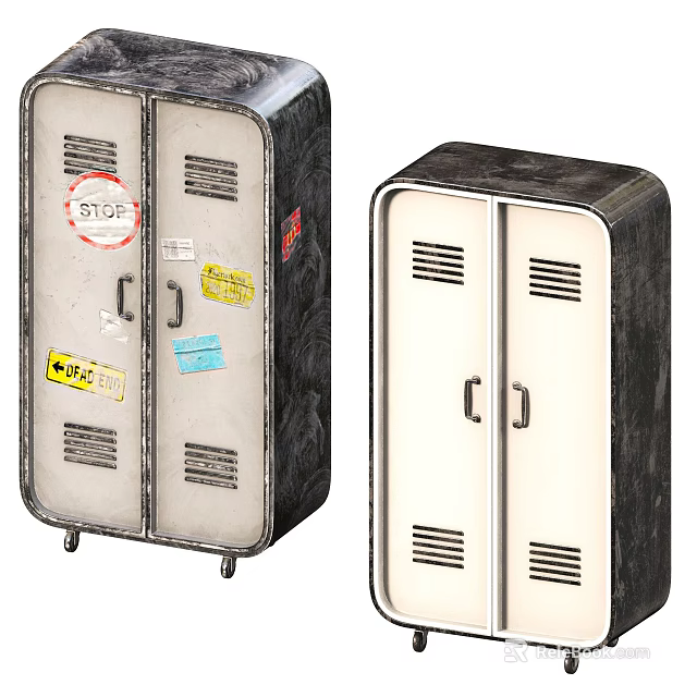 Vintage Industrial Metal Lockers With Double Doors And Decorative Stickers Detail 3d model 