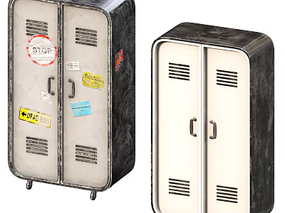 Vintage Industrial Metal Lockers With Double Doors And Decorative Stickers Detail 3d model