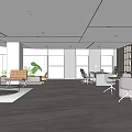 Modern Office Interior Design With Large Windows Sofa Area Work Desks And Plants 3d model