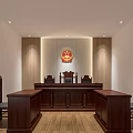 Courtroom Interior With Wooden Judge Bench Tables Chairs And Emblem On Wall