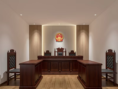 Courtroom Interior With Wooden Judge Bench Tables Chairs And Emblem On Wall 3d model