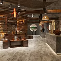 Traditional Exhibition Hall Interior With Concrete Counters Pendant Lights And Decorative Strips