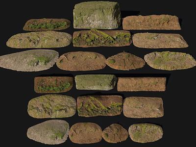Collection Of Ground Stones In Various Shapes With Moss Textures 3d model