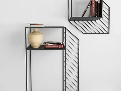Modern Metal Wire Frame Wall Shelving Units With Vase And Books For Home Decor 3d model