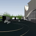 Modern Garden Landscape With Curved Glass Architecture Open Courtyard Water Feature And Geometric Sculptures