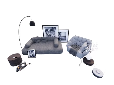 Modern Gray Sofa And Coffee Table Set With Floor Lamp Decorative Paintings And Accent Chair 3d model
