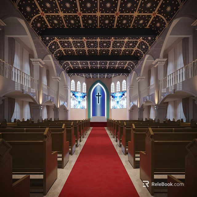 Religious Church Sanctuary Interior With Stained Glass Windows Cross Red Carpet And Wooden Pews 3d model 