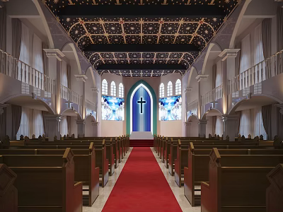 Religious Church Sanctuary Interior With Stained Glass Windows Cross Red Carpet And Wooden Pews 3d model