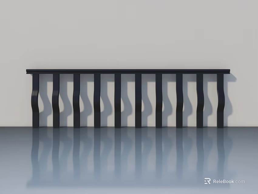 Modern Black Swing Door With Wavy Vertical Slats On Light Colored Wall And Reflective Floor 3d model 