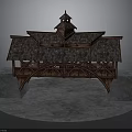 Wooden Covered Bridge Structure With Spire Tower Tile Roof And Stone Piers