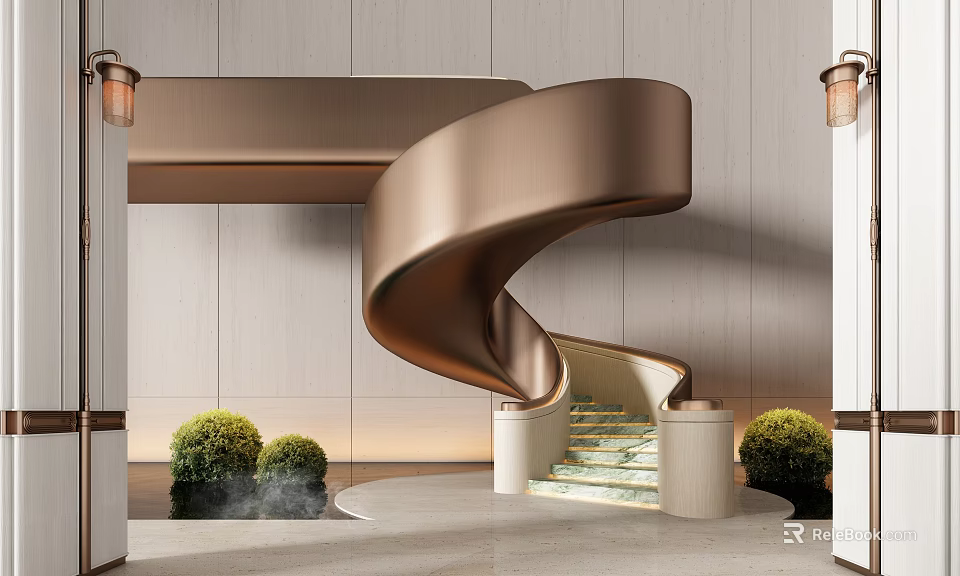 Modern Spiral Staircase Design With Bronze Railing Marble Steps Green Plants And Wall Lamps 3d model 