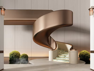 Modern Spiral Staircase Design With Bronze Railing Marble Steps Green Plants And Wall Lamps 3d model