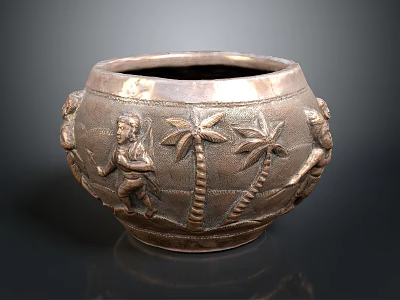 Brass Decorative Vessel With Carved Figures And Palm Tree Designs 3d model