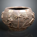 Brass Decorative Vessel With Carved Figures And Palm Tree Designs 3d model
