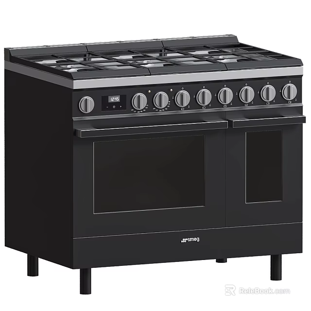 Modern Black Kitchen Gas Range Appliance With Double Oven And Multiple Control Knobs 3d model 