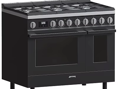 Modern Black Kitchen Gas Range Appliance With Double Oven And Multiple Control Knobs 3d model