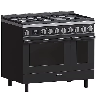 Modern Black Kitchen Gas Range Appliance With Double Oven And Multiple Control Knobs 3d model