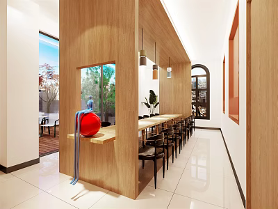 Wooden Restaurant Interior With Long Table High Chairs Windows And Green Plants 3d model
