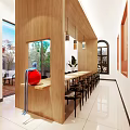 Wooden Restaurant Interior With Long Table High Chairs Windows And Green Plants