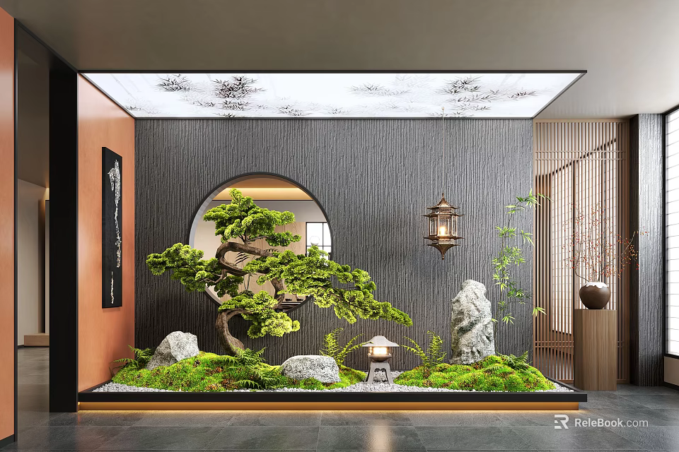 Zen Indoor Landscape With Bonsai Pine Tree Circular Window Moss Stones And Lantern 3d model 