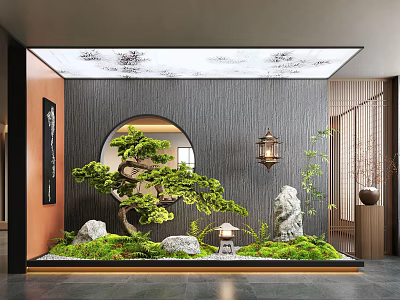 Zen Indoor Landscape With Bonsai Pine Tree Circular Window Moss Stones And Lantern 3d model