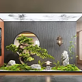 Zen Indoor Landscape With Bonsai Pine Tree Circular Window Moss Stones And Lantern