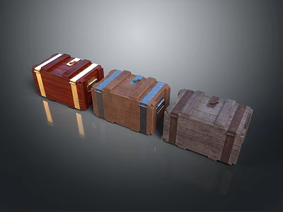Three Vintage Wooden Trunks With Different Colors And Metal Decorative Straps 3d model