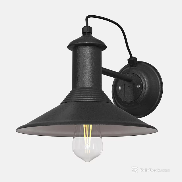 Modern Black Wall Lamp With Conical Shade Curved Arm And Transparent Bulb 3d model 
