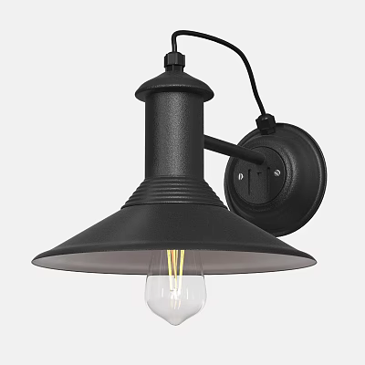Modern Black Wall Lamp With Conical Shade Curved Arm And Transparent Bulb 3d model