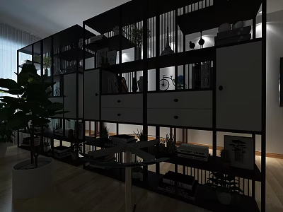 Modern Study Room With Black White Bookshelf Decor And Green Plants 3d model